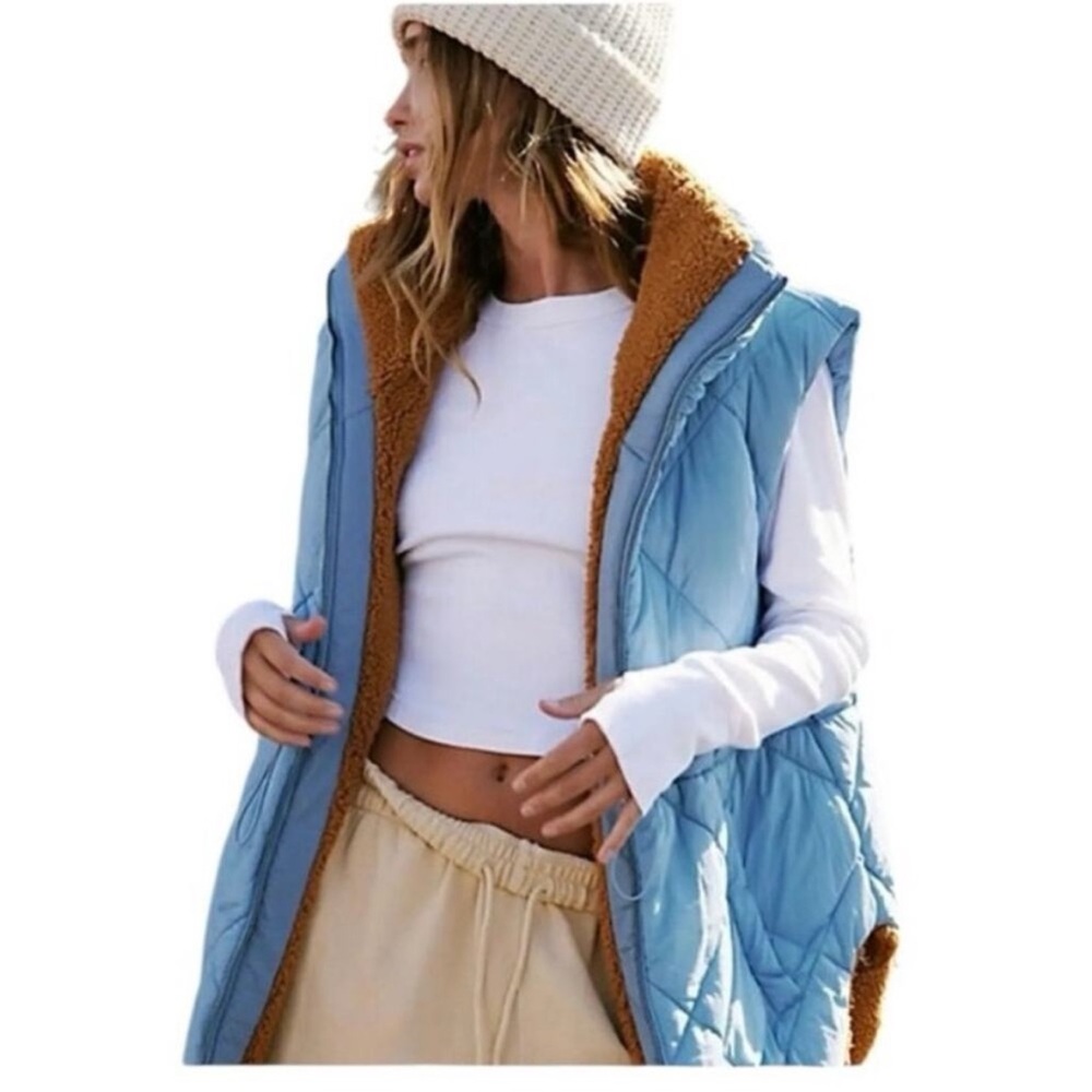 Free People Movement FP Sz S Venture On Reversible Puffer Vest Brown Blue Combo